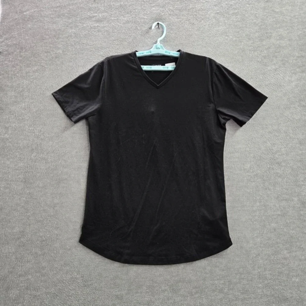 CUTS Men Shirt Large Black Curve Hem V Neck Short Sleeve Pullover Tee Cotton‎